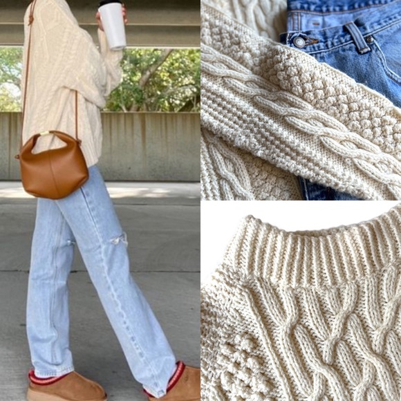 Sweaters - Gorgeous Handmade Classic Knit Cream Chunky Cable Knit Long Line Sweater